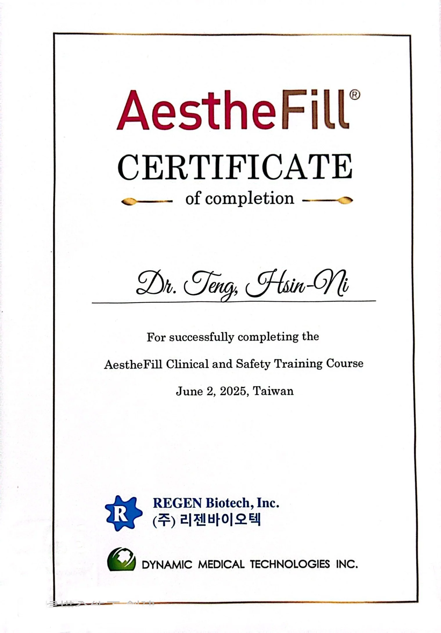 Aesthefill 研習訓練證書